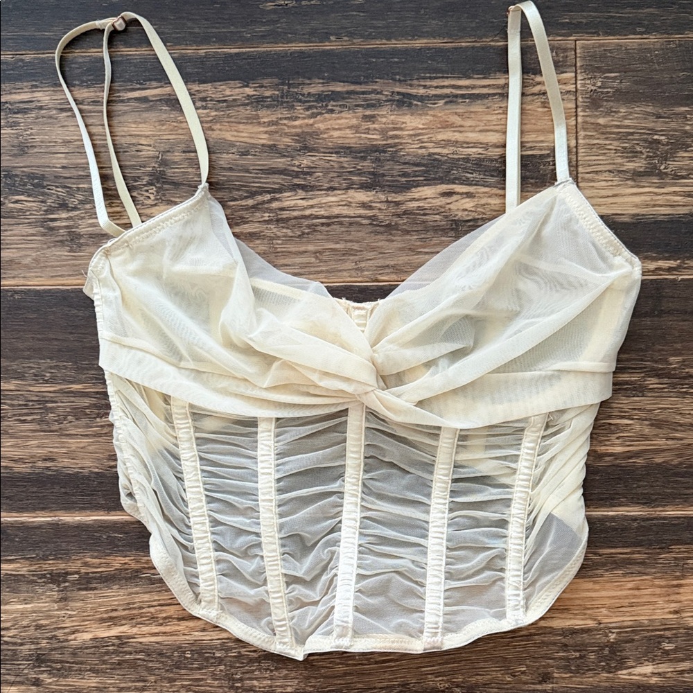 Urban outfitters Sheer Cream Ruched Bustier Top